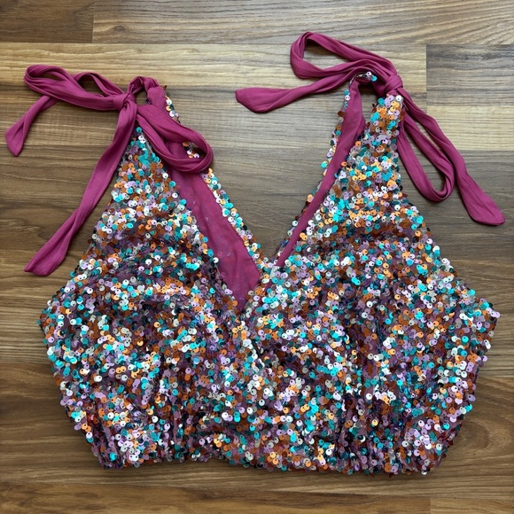 Free People Big Night Multi-Colored Sequin Crop Top - Picture 2 of 14